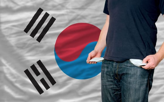 poor man showing empty pockets in front of south korea flag