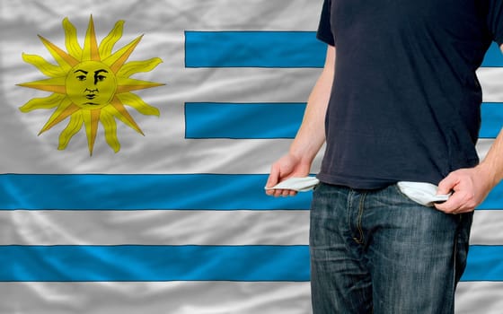 poor man showing empty pockets in front of uruguay flag