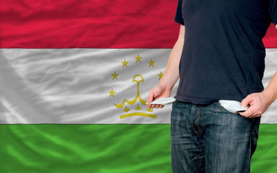 poor man showing empty pockets in front of tajikistan flag