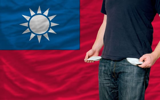 poor man showing empty pockets in front of taiwan flag