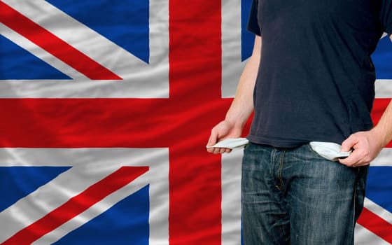 poor man showing empty pockets in front of uk flag