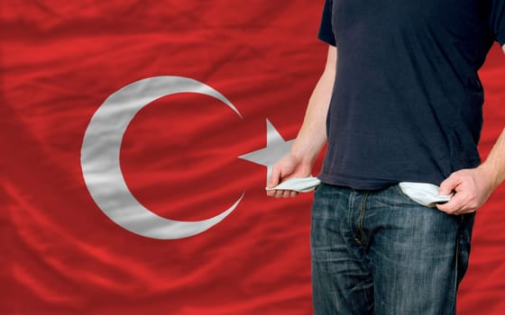 poor man showing empty pockets in front of turkey flag