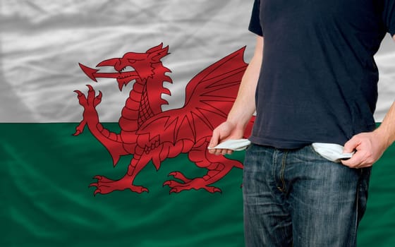 poor man showing empty pockets in front of wales flag