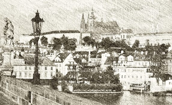 Sketch of Prague Castle, Czech Republic - View From Charles Bridge