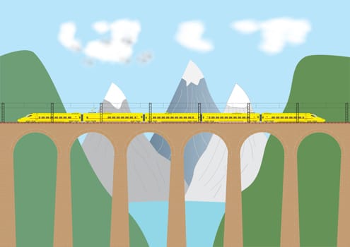 A High Speed Electric Train crossing a viaduct in a mountain area