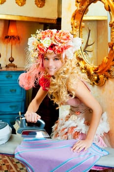 baroque fashion blonde housewife woman with iron chores