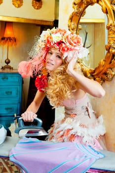 baroque fashion blonde housewife woman with iron chores