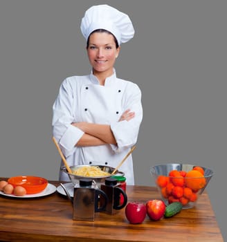 Chef woman portrait with white uniform isolated on grey