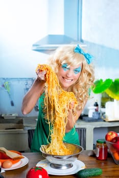 Blonde funny on kitchen with pasta and fashion blue makeup