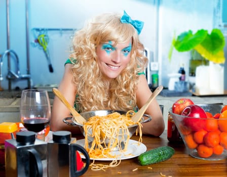 Blonde funny on kitchen with pasta and fashion blue makeup