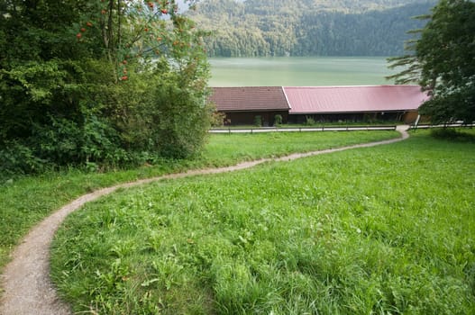 narrow curved path downhill to Lake Weissensee / Allgäu / Bavaria on a sunny summer day