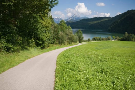 View of Lake Weissensee / Allgäu along a wide footpath with green meadow on the right,trees and shrubs on the left and mountains in the background
