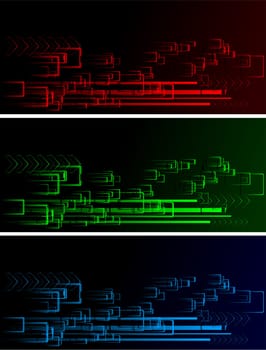 Set of three dark banners: squares and arrows