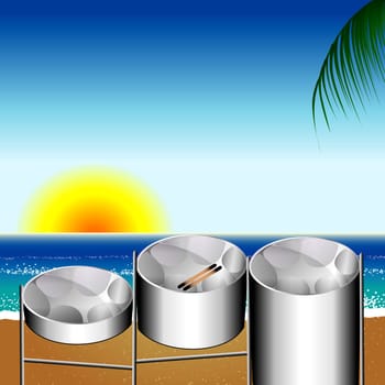 Vector Illustration of three variations of Steel Pan Drums on the beach invented in Trinidad and Tobago.