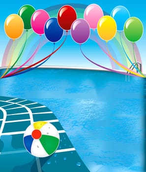 Vector Illustration of pool party with balloons and beach ball.