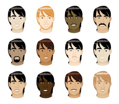 Vector Illustration of 12 different long Straight Hair Men Faces.