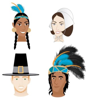 Vector Illustration of 4 faces for Thanksgiving. Indians and Pilgrims
