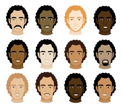 Vector Illustration of 12 different Curly Afro Men Faces.
