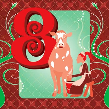 Vector Illustration Card for the 12 days of Christmas. Eight Maids Milking.