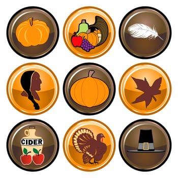 Vector Illustration of nine brown and orange round Thanksgiving button icons.
