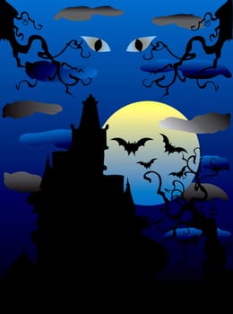 Vector Illustration of a Halloween Haunted Mansion with scary eyes.