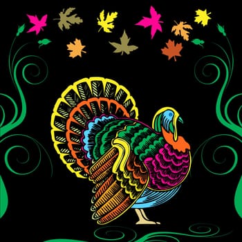 Vector Illustration for Thanksgiving with colorful Turkey and Fall Autumn Leaves.