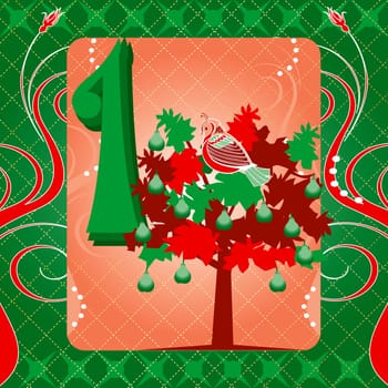 Vector Illustration Card for the 12 days of Christmas. A Partridge in a Pear Tee.
