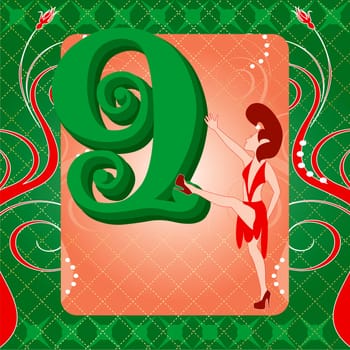 Vector Illustration Card for the 12 days of Christmas. Nine Ladies Dancing.