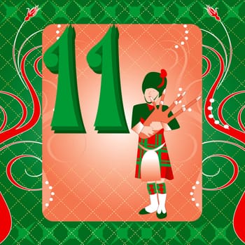 Vector Illustration Card for the 12 days of Christmas. Eleven Pipers Piping.