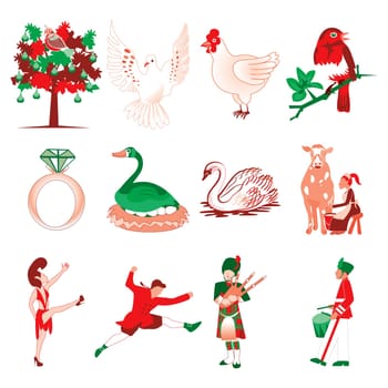 Vector Illustration Card of the 12 days of Christmas icons.