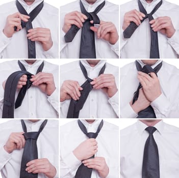 Step by step,a Windsor knot is tied to a tie by two hands