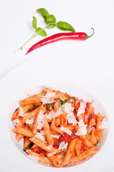 Pasta penne rigatoni with tomato sauce,basil,chili and pecorino cheese