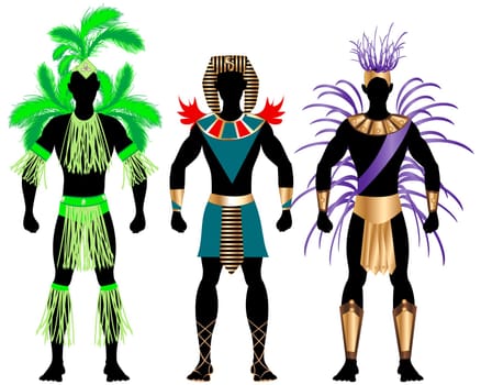 Vector Illustration of three male Costumes for Festival, Mardi Gras, Carnival, Halloween or more.