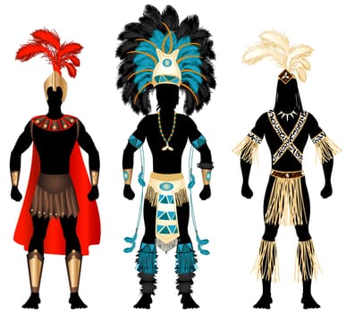 Vector Illustration of three male Costumes for Festival, Mardi Gras, Carnival, Halloween or more.