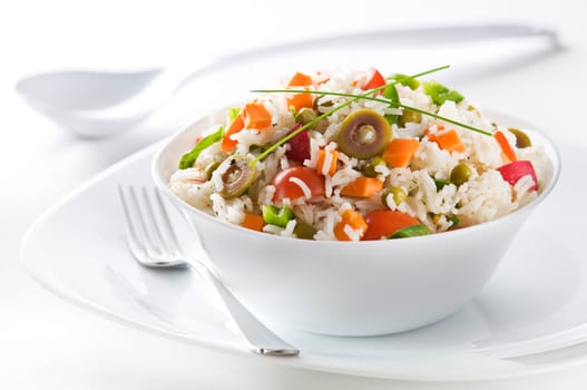Fresh rice salad in a bowl close up shoot