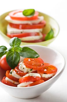Sliced tomato and mozzarella with basil salad close up
