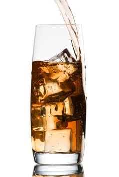 cold ice tea pouring in to glass on white