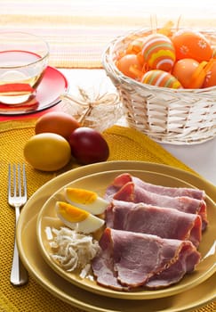 Fresh easter ham with eggs close up shoot