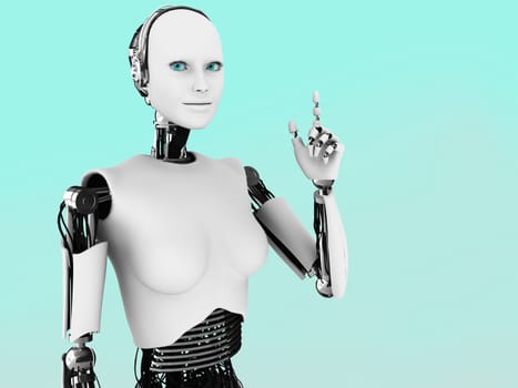 A robot woman holding her hand up with her index finger extended, like she is having an idea.