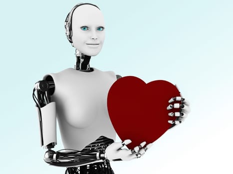A robot woman holding a big red heart.