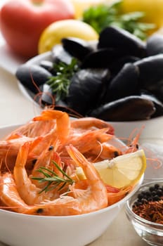 Whole fresh cooked prawns and shells close up shoot