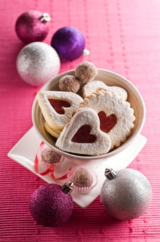 Christmas cookies with ornaments close up shoot