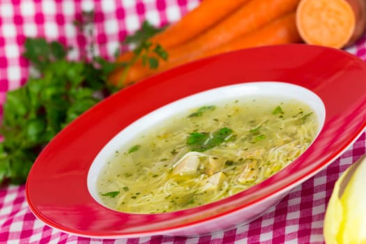 Chicken soup with noodles,meat