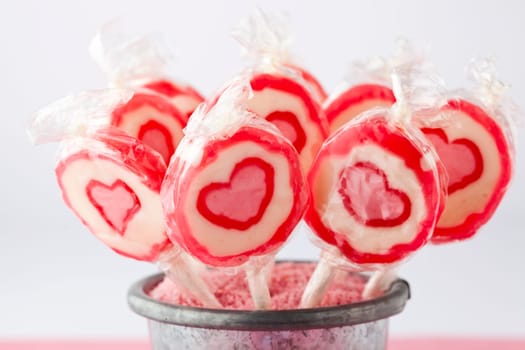 Close-up of heart lollipops for Valentine&#039 s Day. Studio shot.