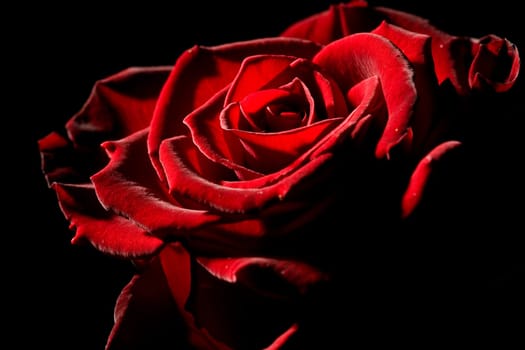 Red rose with strong contrast against black background