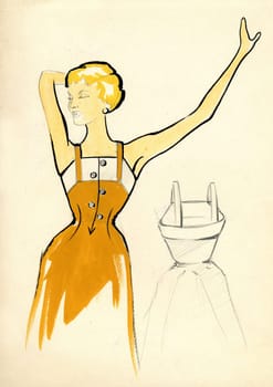 Sketch of a woman in yellow dress over plain background