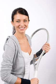 Tennis player woman young smiling holding racket isolated
