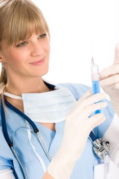 Young medical nurse doctor female hold injection isolated