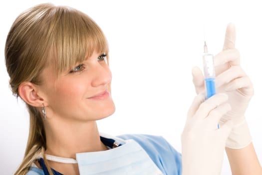 Young medical nurse doctor female hold injection isolated