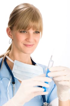 Young medical nurse doctor female hold injection isolated